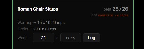 TTM dashboard showing a single exercise with warmup, feeler, and work set