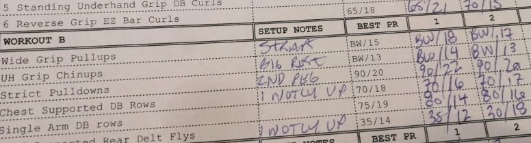 Handwritten workout log on paper showing exercises and weight/rep PRs